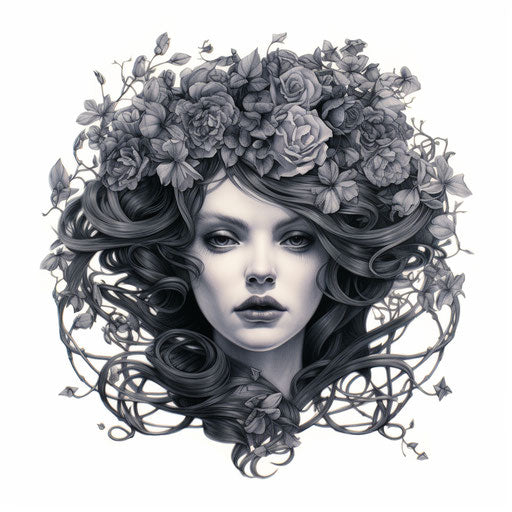 Woman's head with flowers and vines, meticulous inking style