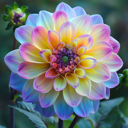 Dahlia flower in pink, yellow, red, blue, light yellow and dark bronze