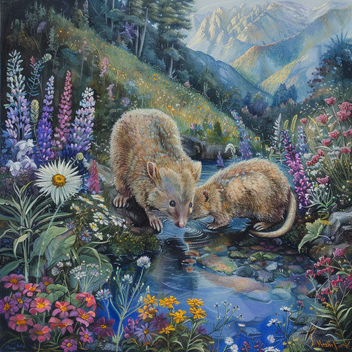 White-tail possum drinking in a crystal-clear mountain stream