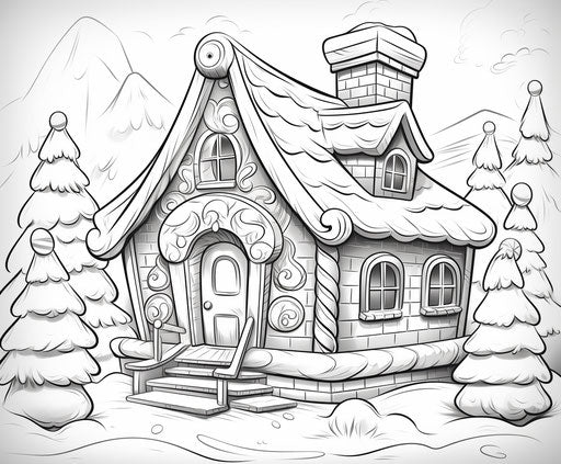Christmas coloring page with gingerbread house, thick texture style, sketchy 6:5