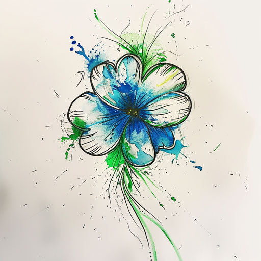 Contemporary flat tattoo sketch of a 4 leaf clover with abstract elements and splashes of blue and green