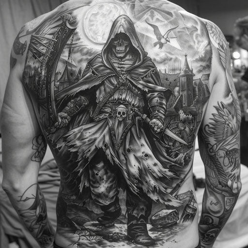 Dark fantasy lore scenes for men's back tattoos