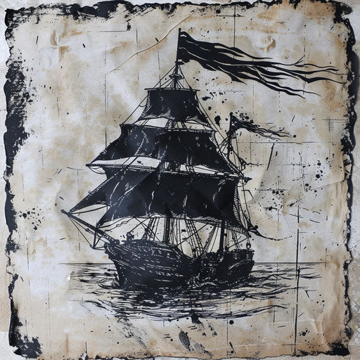 Black flag blowing on wooden ship deck