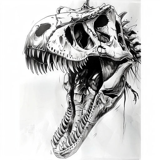 Black and white ink drawing of a fierce dinosaur skull tattoo design
