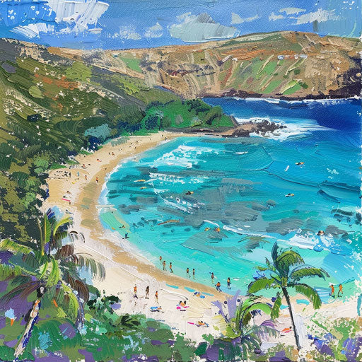 Hanauma Bay with bright blue water and white sandy beach