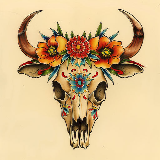 Cow Skull with Sailor Tattoo Flowers Vintage Sketch