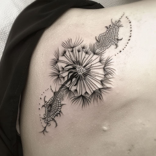 Dandelion tattoo with a lace pattern, delicate and detailed, elegantly showcased on a white canvas