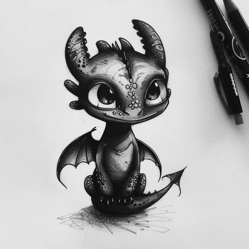 Charming flat tattoo sketch of a cartoon black dragon with playful, exaggerated eyes