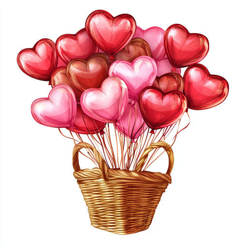 Basket of heart-shaped balloons, red and pink