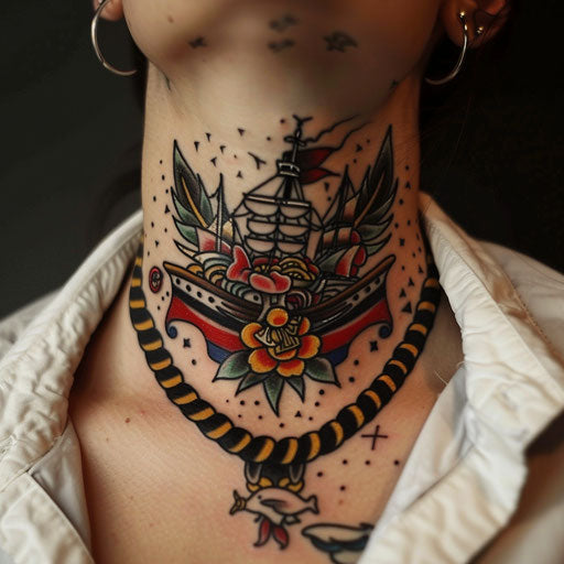 Throat tattoos with sailor motifs