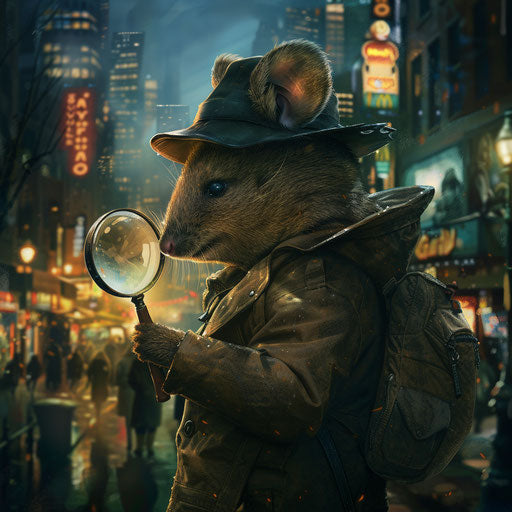 Quokka detective with magnifying glass in bustling city