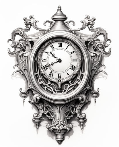 Tattooed clock with Roman numerals on a white backdrop, in dark silver and white style, whimsical cartoonish, unbelievably beautiful, Victorian, gothic dark and ornate, Charles Addams, zbrush 25:31