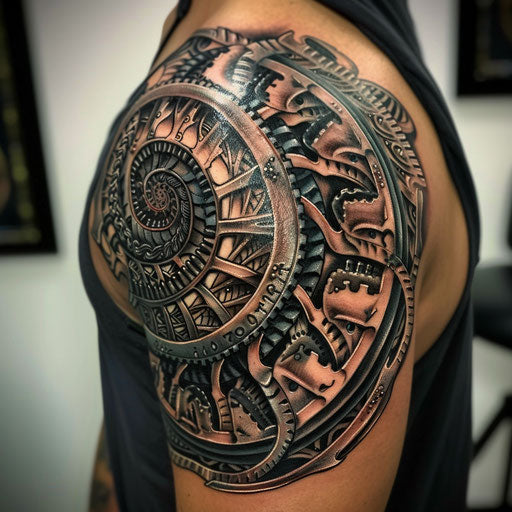 Abstract biomechanical shoulder tattoo with intricate patterns and metallic elements