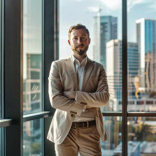 Confident professional with city view background