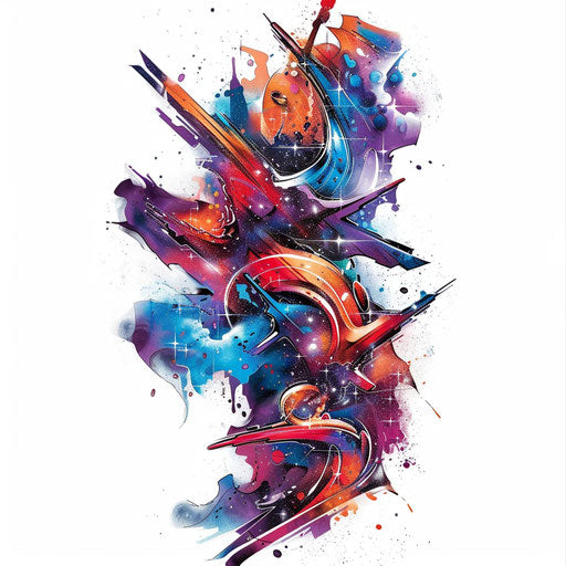 Graffiti-style galaxy tattoo, vibrant and edgy with spray paint effects