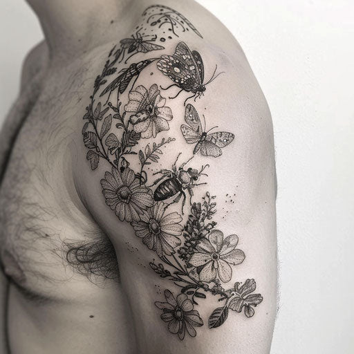 Shoulder tattoos for men with detailed insects and exotic plants