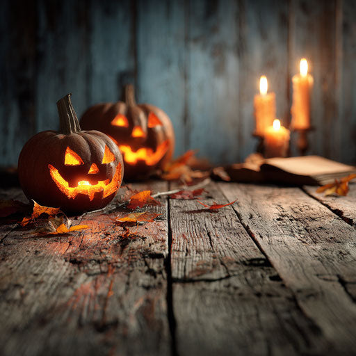 Autumn ambiance with glowing pumpkins and candles