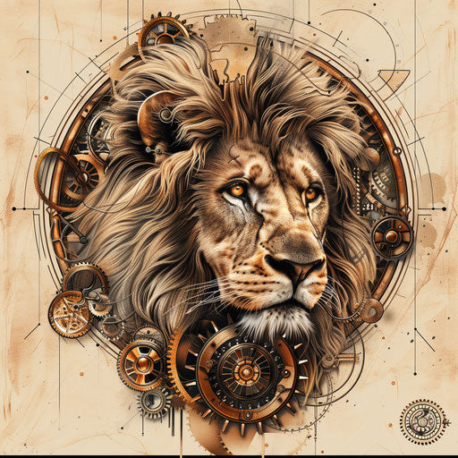 Steampunk tattoo sketch of the Lion of Judah with mechanical gears and bronze tones in a flat clipart design