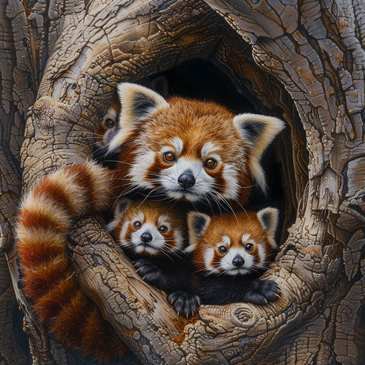 A red panda in a tree hole with baby red pandas.