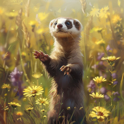 Ferret standing in a meadow in the style of Paul Souders