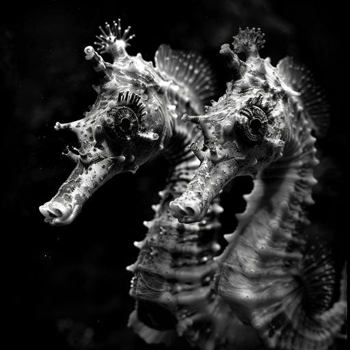 Seahorses in black and white, intense and dramatic