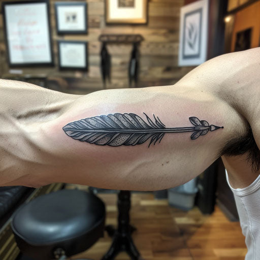 Bicep tattoo feather and arrow, Steve McNiven style