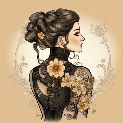 Stylized portrait of a woman with a flower tattoo, vintage