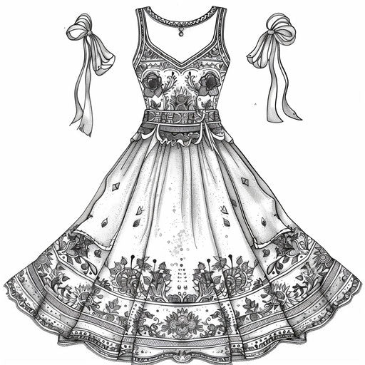 Bohemian dress with floral and paisley patterns. Coloring book page