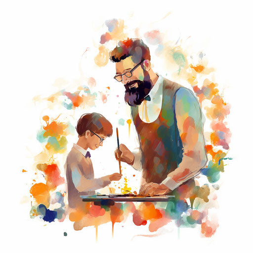 Teacher and student in Impressionistic Art on white background