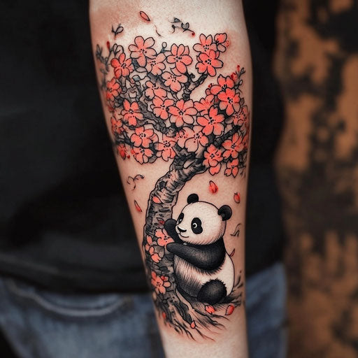 Cherry blossom tree tattoo in Steve Sack style with cartoon panda