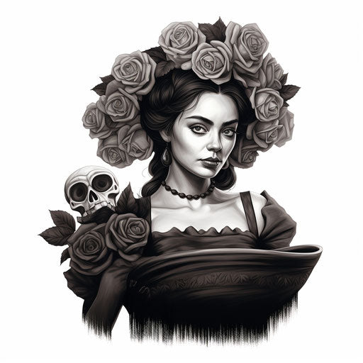 The girl with scythe holding roses, black and white realism