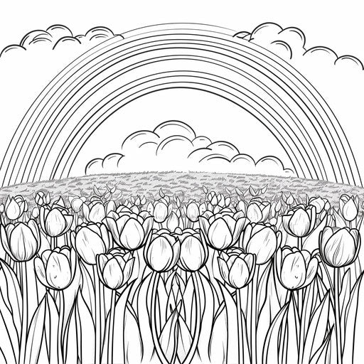 Rainbow over field of blooming tulips