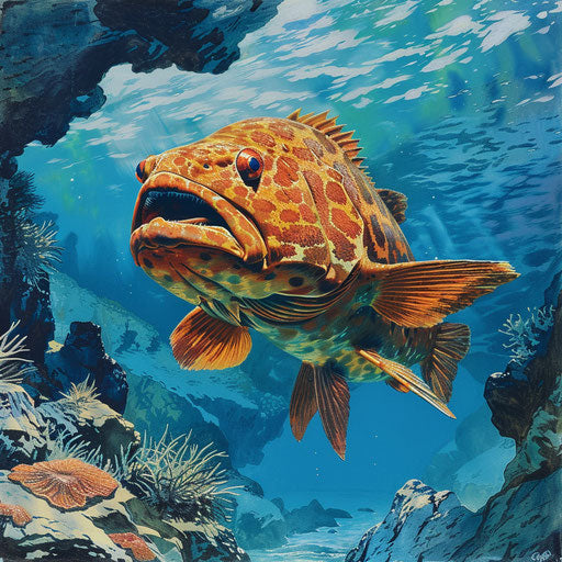 The majestic Warsaw grouper in its natural habitat, with a backdrop of a deep blue sea and distant underwater mountains.