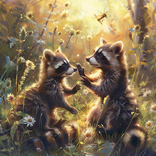 Raccoons playing in a sunlit meadow