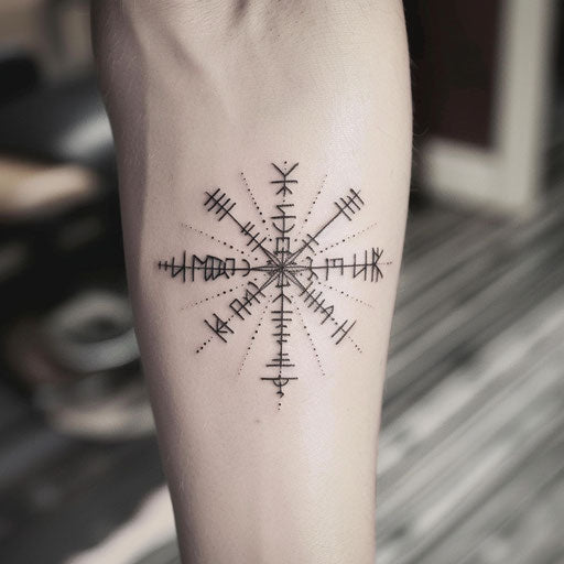 Minimalist black and white tattoo of the Vegvisir with runes