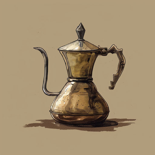 Bold sketch of a Turkish coffee pot, flat style, metallic hues