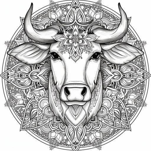Detailed cow mandala with intricate patterns. Coloring book page