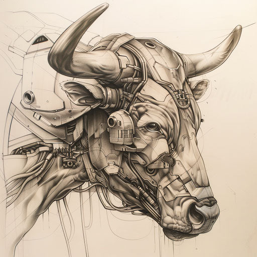 Biomechanical bull tattoo concept on white canvas