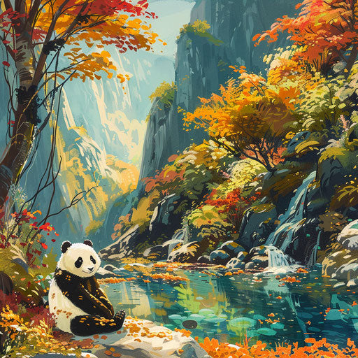 Giant panda meditating by crystal-clear mountain stream