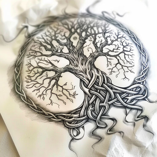 Intricate tattoo design of a Celtic tree of life on white background