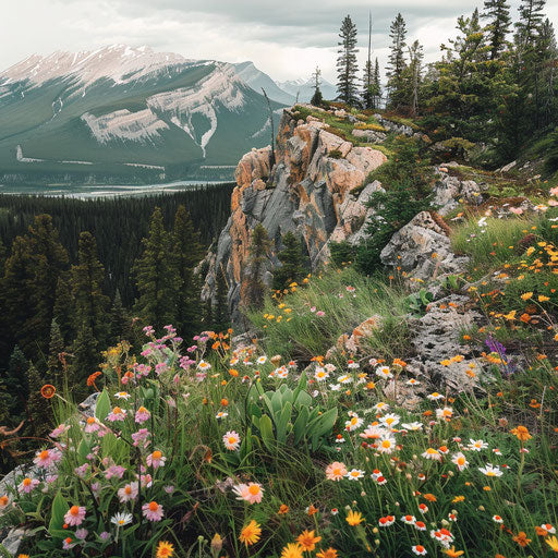 Sulphur Mountain, rugged cliffs, wildflowers in bloom