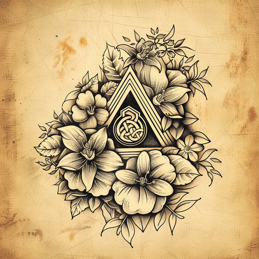 Vintage engraving style tattoo sketch of a Valknut with floral motifs