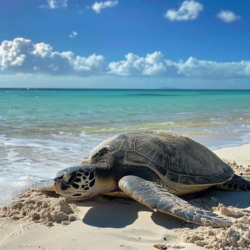 Olive ridley sea turtle basking in sun on remote island beach