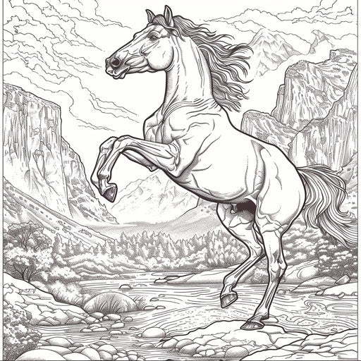 A horse rearing up in front of a mountain range