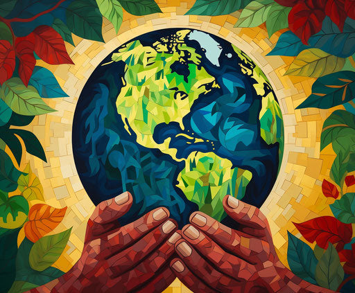 Hands holding earth and leaves, colorful cartoon style, folkloric themes, subtle and delicate