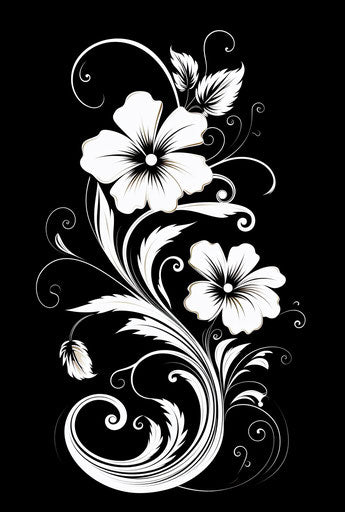 Black and white flower design with swirls, gestural calligraphic style, natural art nouveau