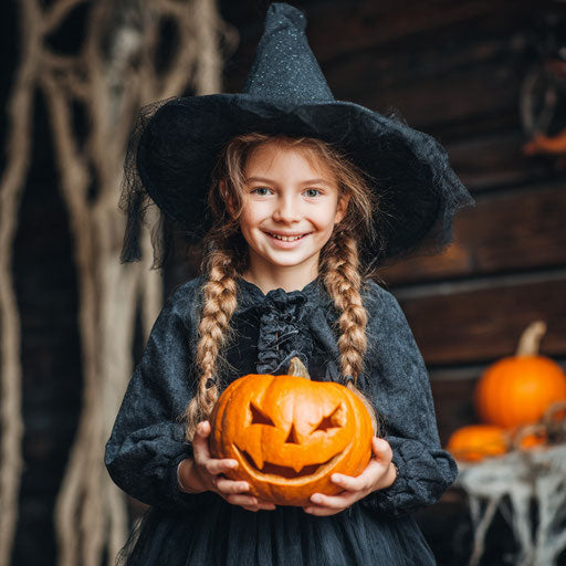 A cheerful girl in a witch costume with a pumpkin