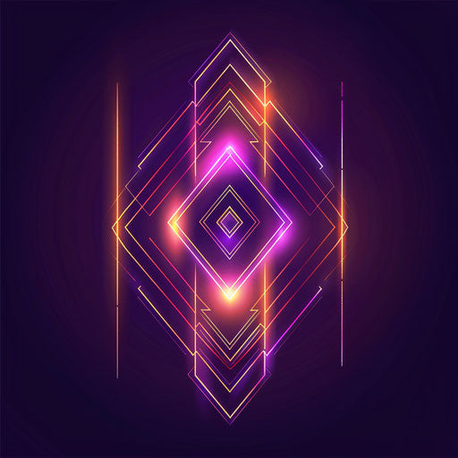 Neon logo with geometric patterns and elegant neon lines in neon gold and purple on dark background
