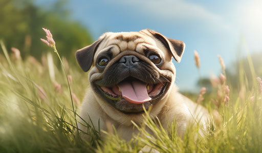 Pug dog in green grass with tongue sticking out
