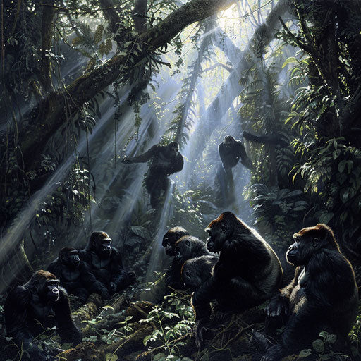 Western lowland gorillas gathered in a forest glade